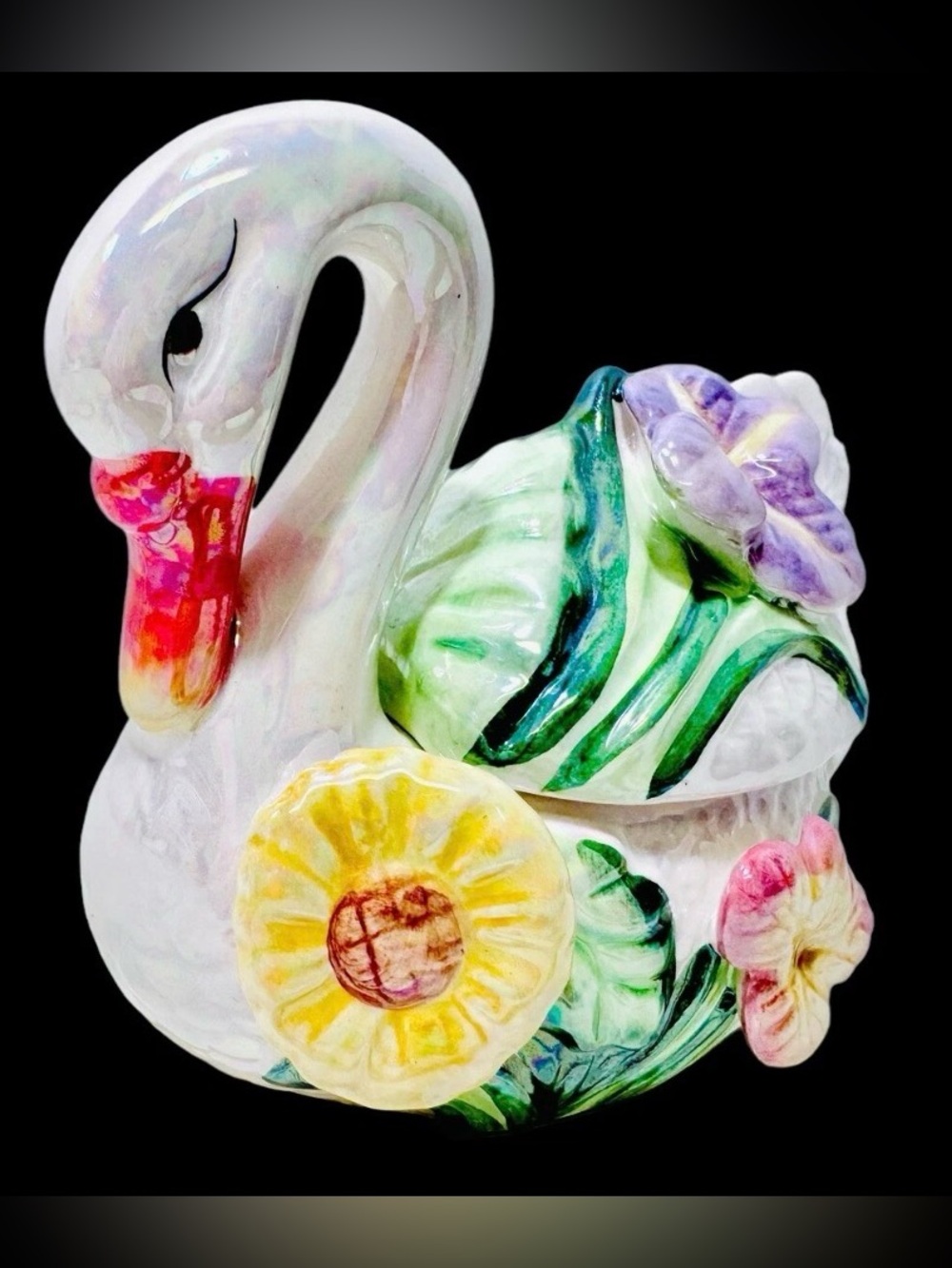 Vintage 1980's Lusterware Porcelain Floral Lidded Swan Jewelry Trinket Dish